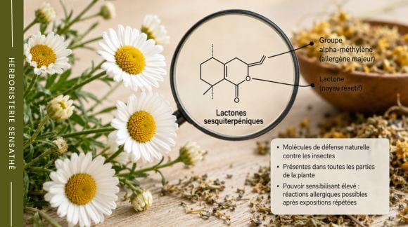 Camomille et lactones sesquiterpéniques, principaux composés allergènes des Astéracées ou Asteraceae - Herboristerie Sensathé Camomille et lactones sesquiterpéniques, principaux composés allergènes des Astéracées ou Asteraceae - Herboristerie Sensathé